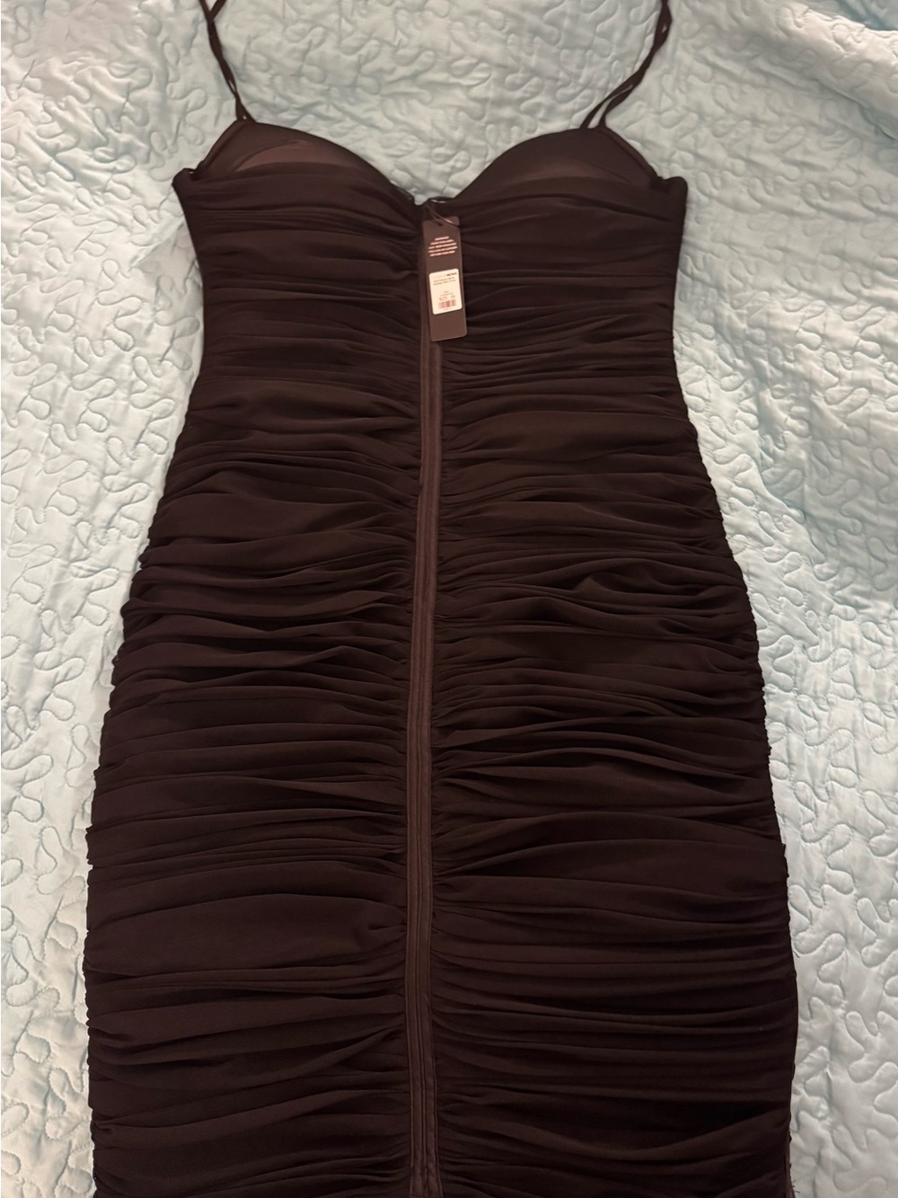Fashion Nova Black Ruched Midi Dress with Spaghetti Straps